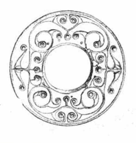 Drawing of Loughnashade Trumpet; detail of the La Tene design on the disc at the bell of the Trumpet. 