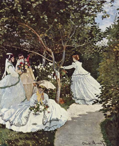 Claude Monet, Women in the Garden 1866-7. The effect of light and shade can be seen particularly in pale areas such as the womens dresses,  the unbrella and on the path.