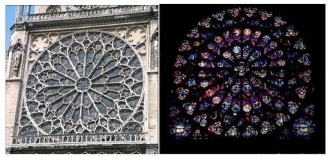 Rose Window; Notre Dame, Paris. View of the exterior and the interior.