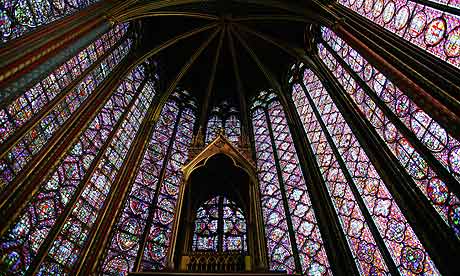 Soaring stained glass windows reach daring heights in the 13th-century Gothic Saint-Chapelle church in Paris. Photograph: Pascal Deloche/Godong/Corbis 